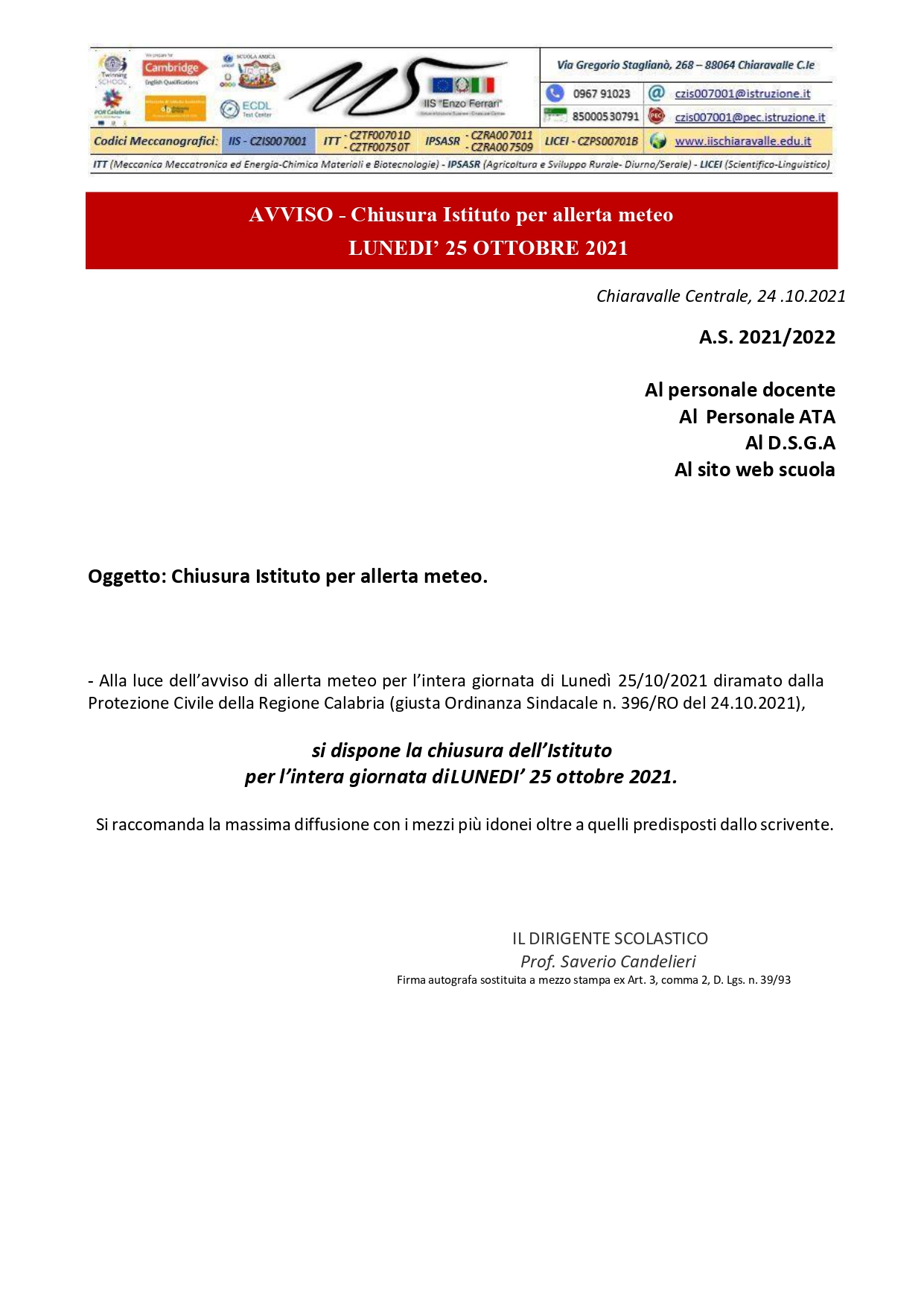 AVVISO - Chiusura Istituto per allerta meteo - Luned¼ 25 ottobre 2021 page-0001