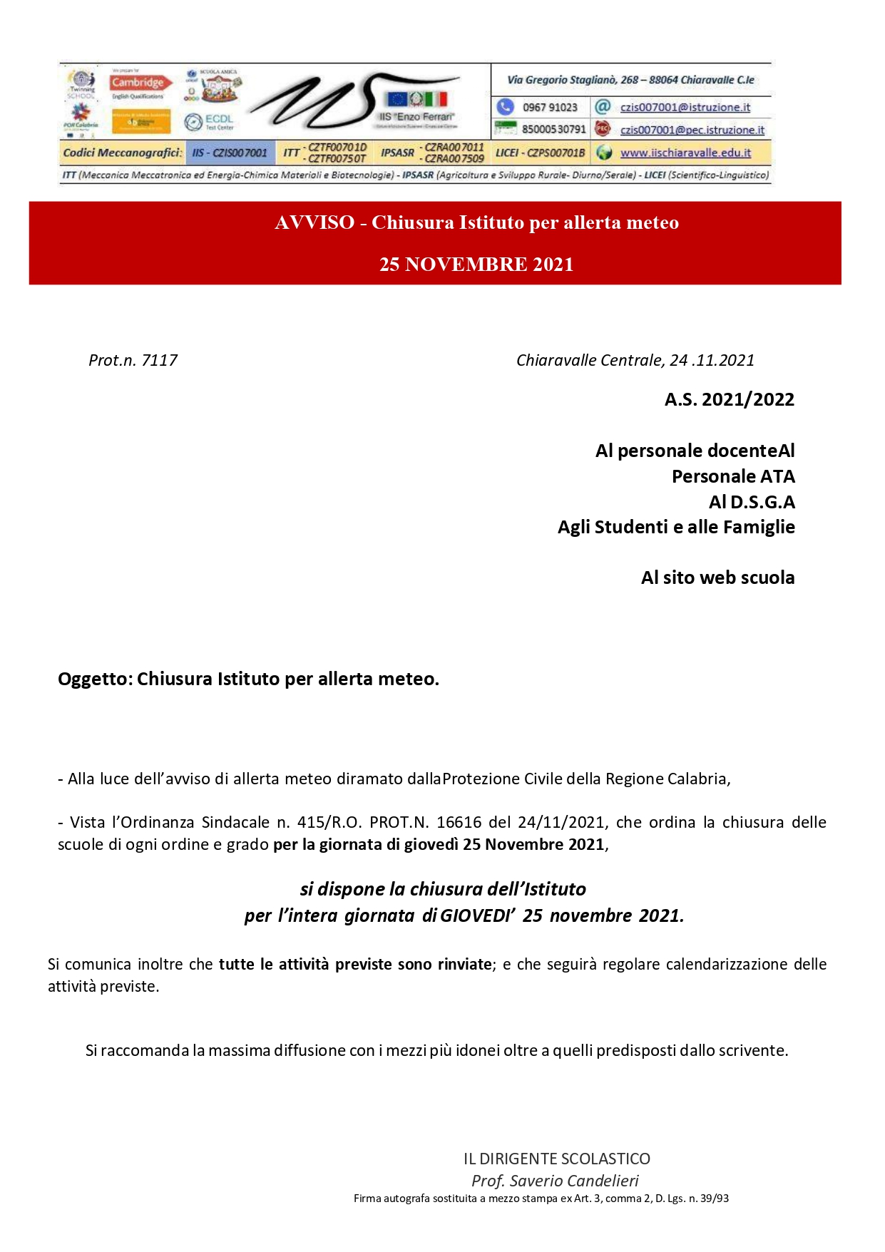 AVVISO - Chiusura Istituto per allerta meteo giovedì 25 Novembre 2021 page-0001