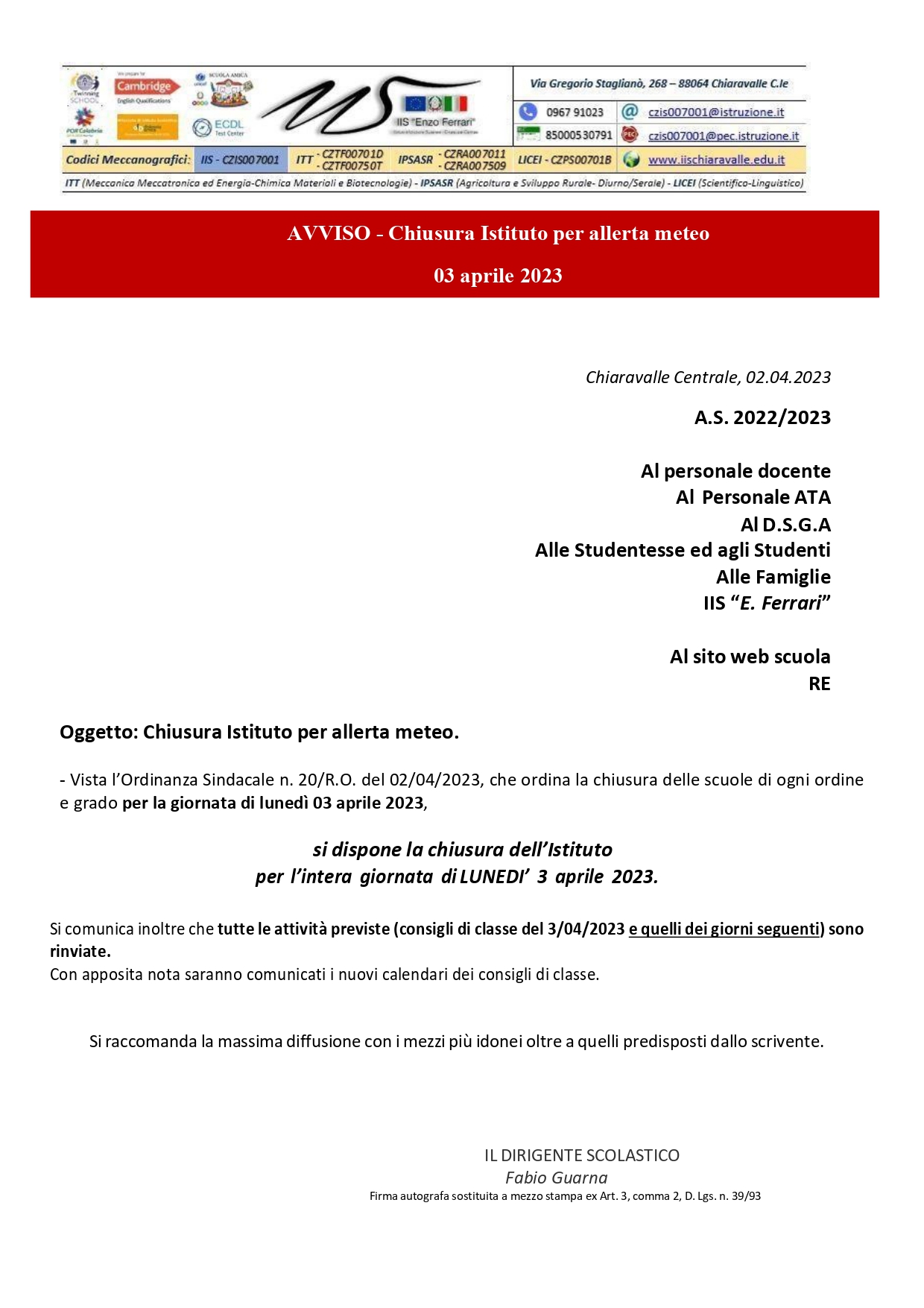 AVVISO - Chiusura Istituto per allerta meteo - LUNEDI 03 MARZO 2023 page-0001