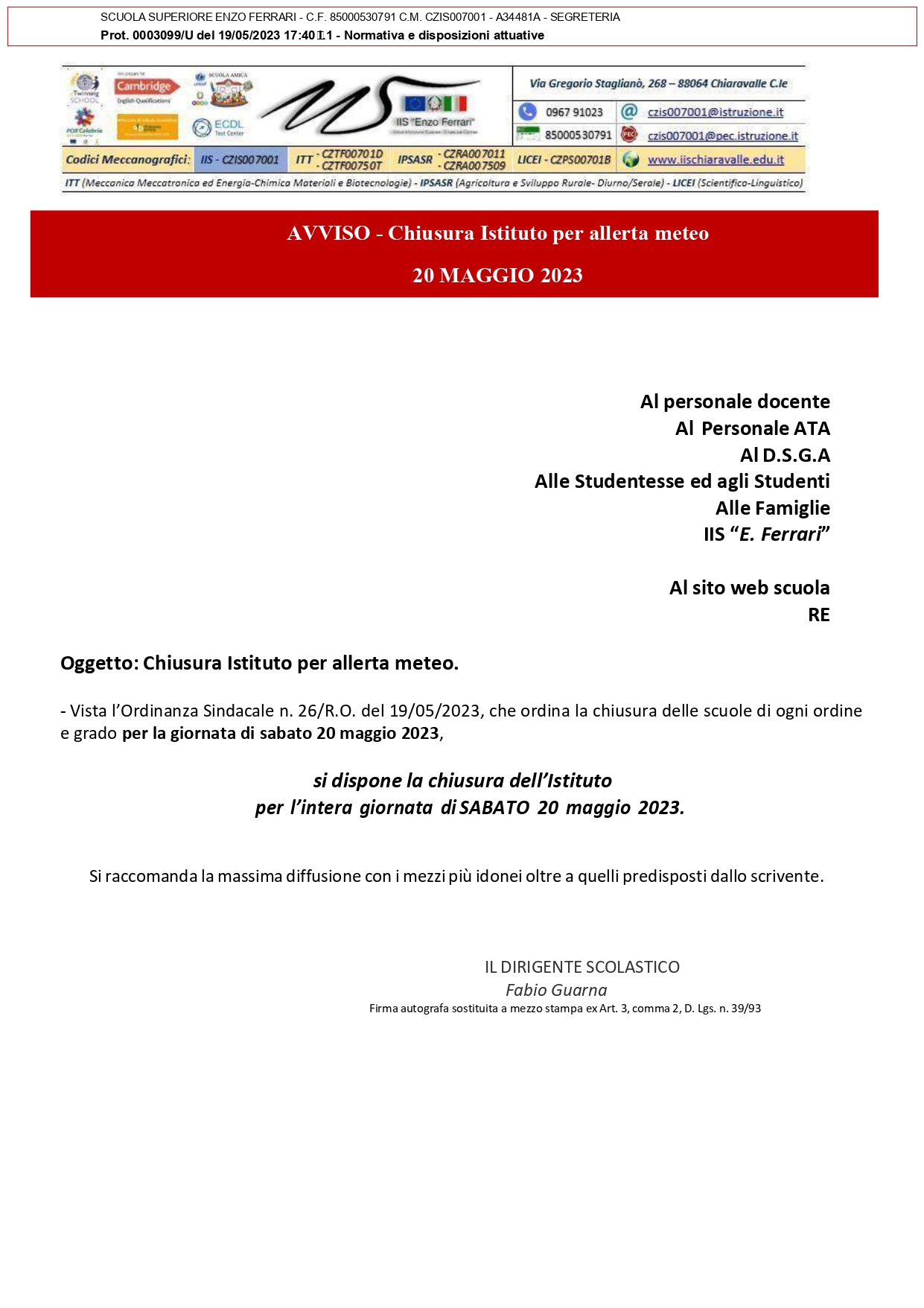 AVVISO - Chiusura Istituto per allerta meteo SABATO 20 MAGGIO 2023 page-0001